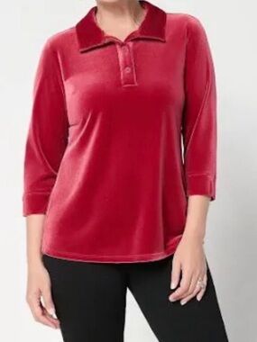 NWT Denim & Co. Knit Velvet 3/4 Sleeve Collared Henley Top Claret Red Medium